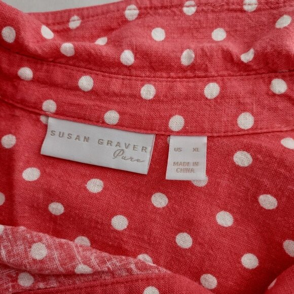 Susan Graver Pure Linen Blend Pink Polka Dot Shirt. - Picture 7 of 8
